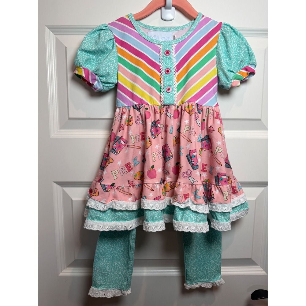 Mia Miel Girls Pre-K School Print 3-Piece Outfit Set Tunic Leggings Shorts 4-5Y